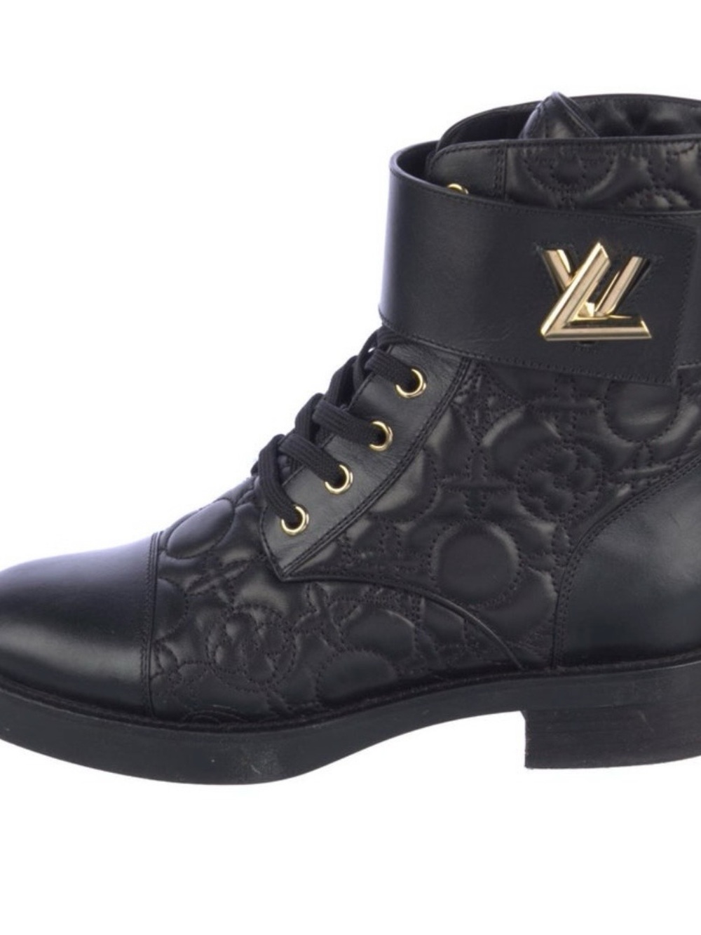 Louis Vuitton Black Quilted Leather Lace-Up Ankle Boot with Gold LV Accent